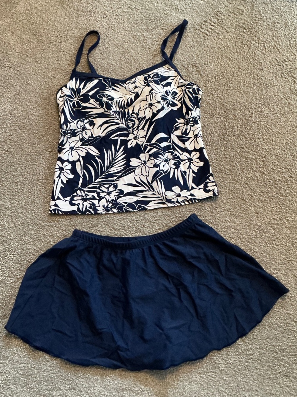 Krista - Tankini Swimsuit Blue and White Floral Top Matching Blue Bottom
